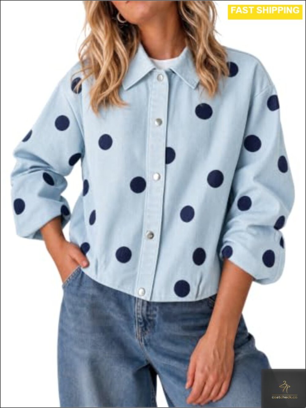 Polka Dot Denim Jacket Button Down Cropped Jean Coat Fall Casual